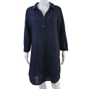 Nuthatch Women Shirt Dress Dark Blue Linen Collared Button 3/4 Sleeve Boho Size